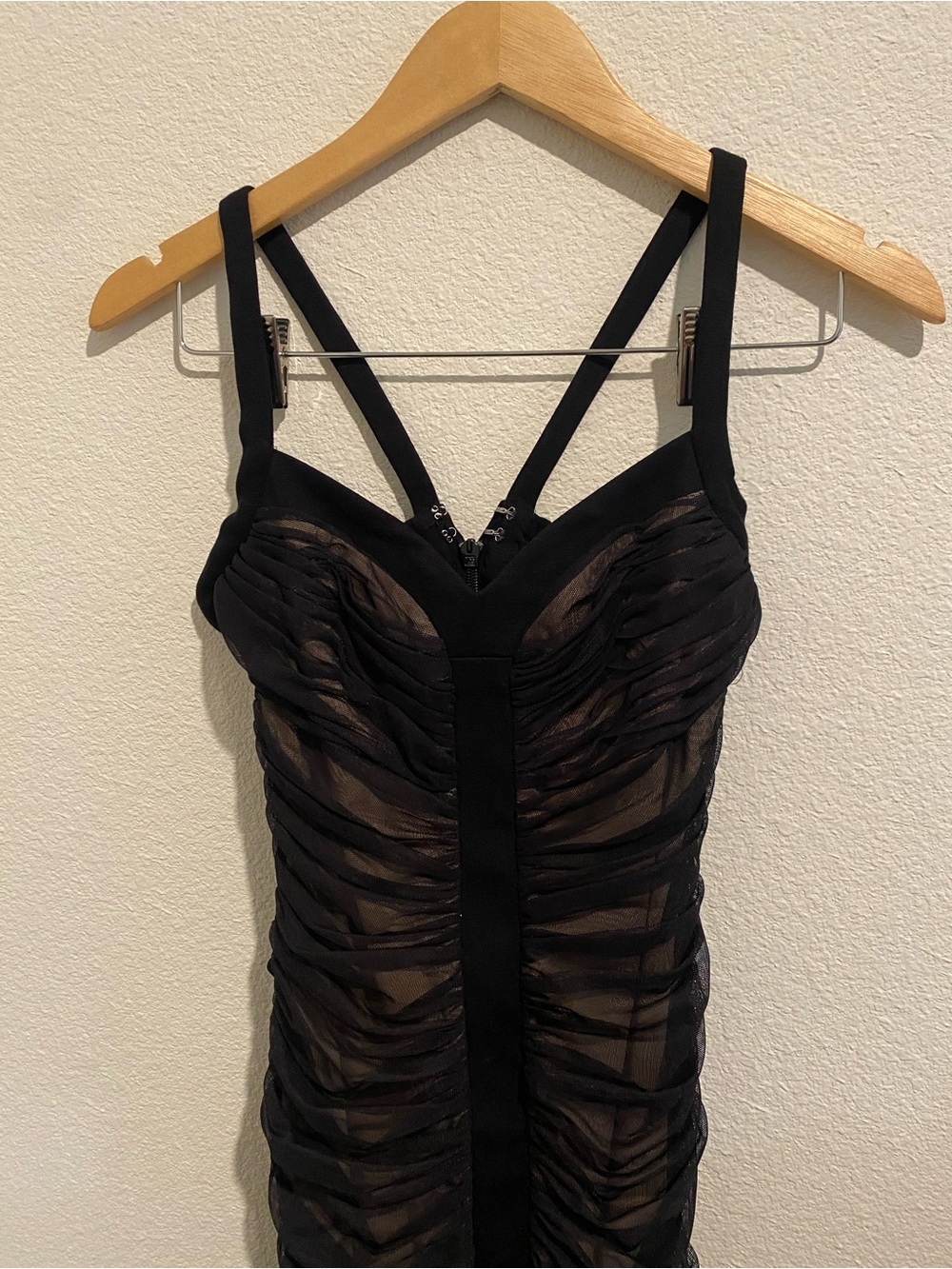 BCBGMaxAzria Black Ruched Sheer Paneled Mini Dress